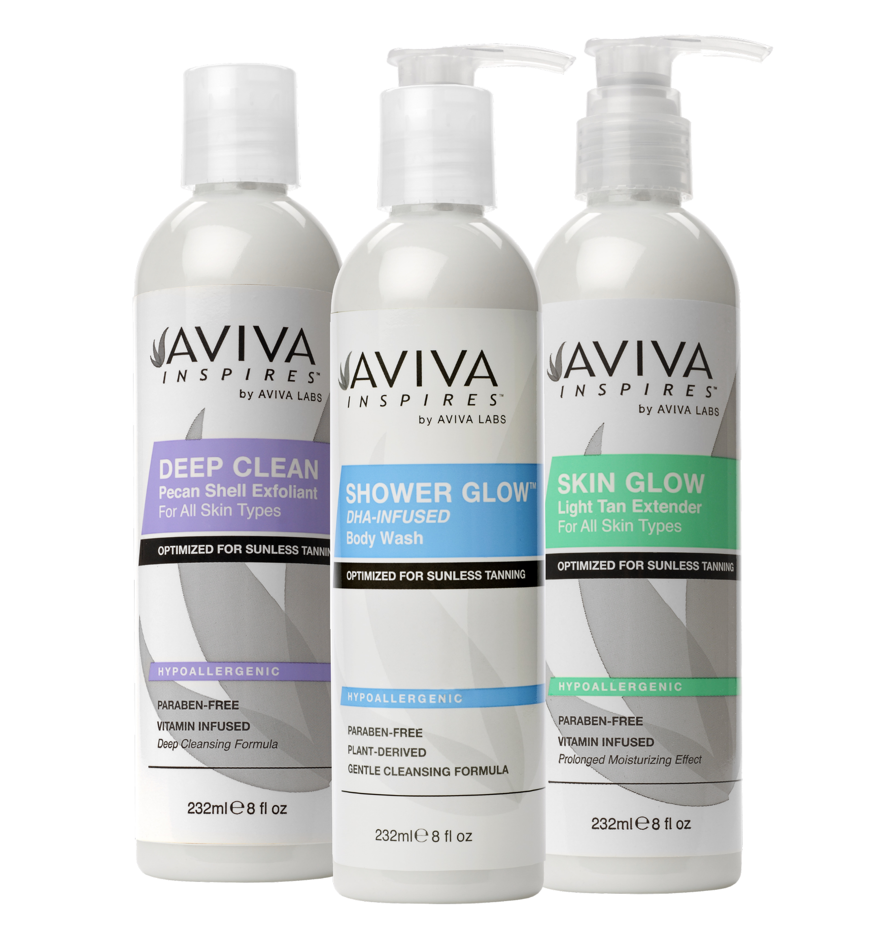 Aviva Labs sunless tanning products: Deep Clean Pecan Shell Exfoliant, Shower Glow DHA-Infused Body Wash, and Skin Glow Light Tan Extender