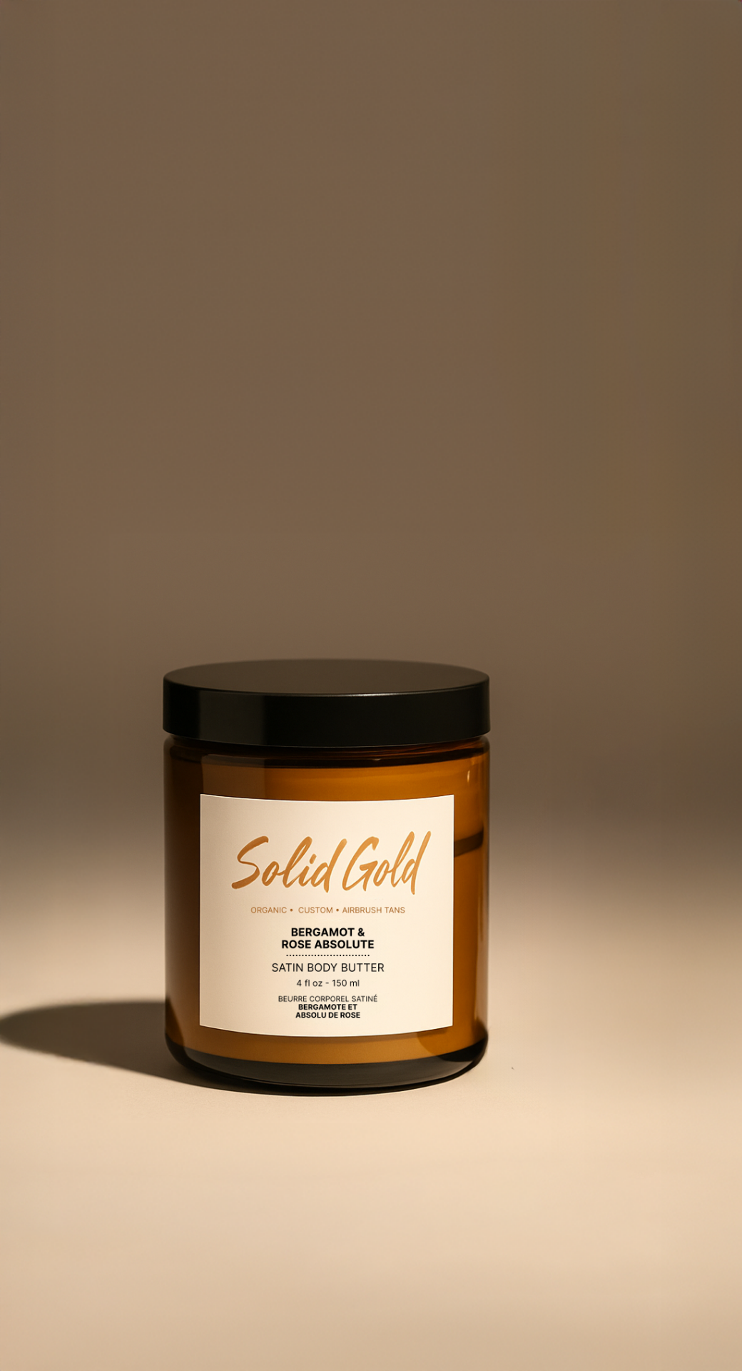 Solid Gold Satin Whipped Body Butter — Bergamot & Rose Absolute jar.
